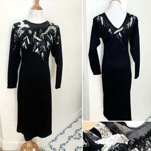 Moonglow Knits 1990's Black Wool Acrylic Knitted Sweater Dress